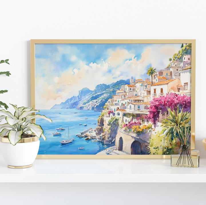 Amalfi Watercolor Poster Landscape Wall Art Amalfi Wall Hanging Home Décor Amalfi Gift Art Lovers Italy Wall Art