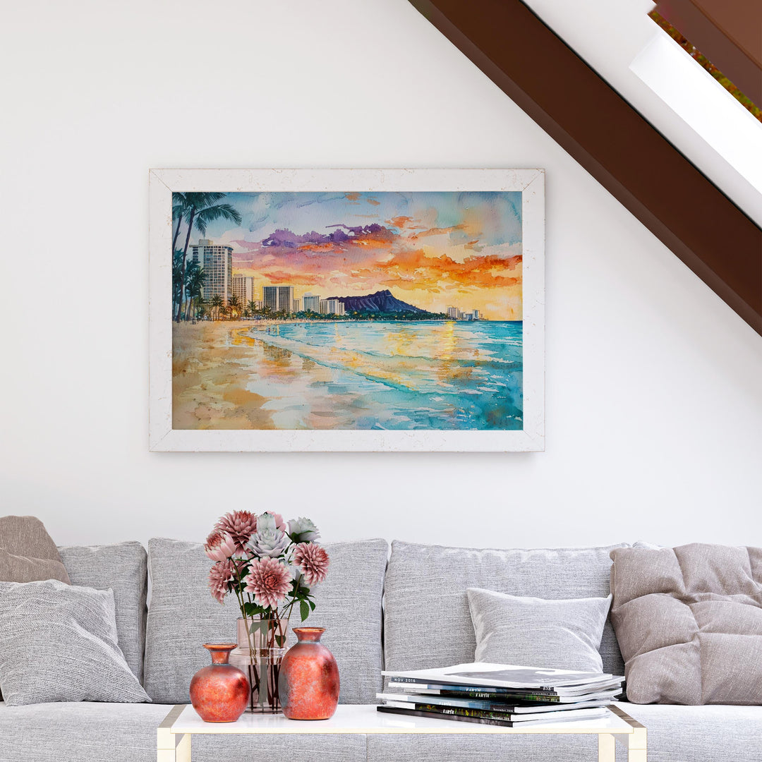Waikiki Beach Watercolor Poster Landscape Wall Art Waikiki Beach Wall Hanging Home Décor Waikiki Beach Gift Art Lovers United States Art