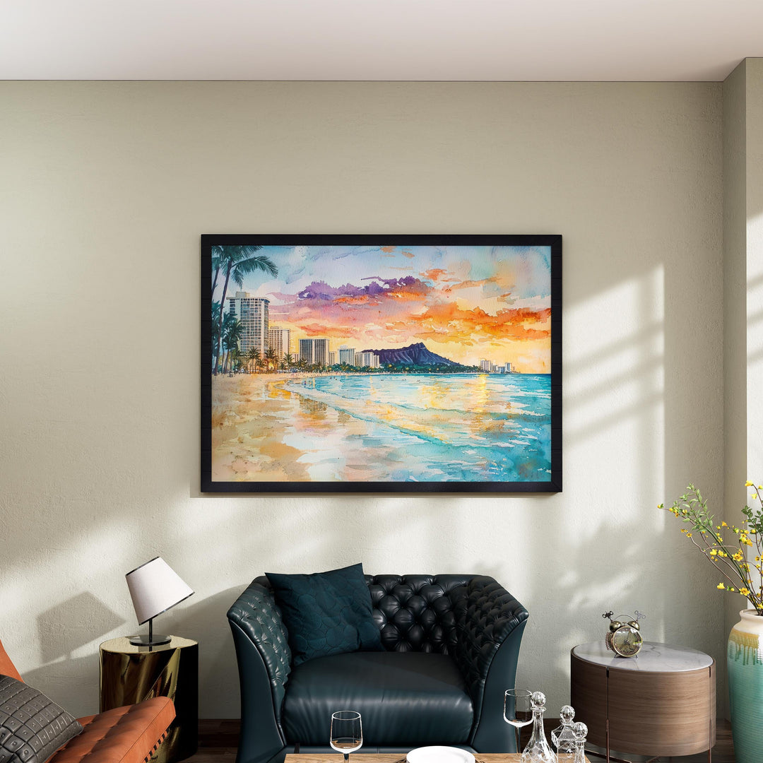 Waikiki Beach Watercolor Poster Landscape Wall Art Waikiki Beach Wall Hanging Home Décor Waikiki Beach Gift Art Lovers United States Art