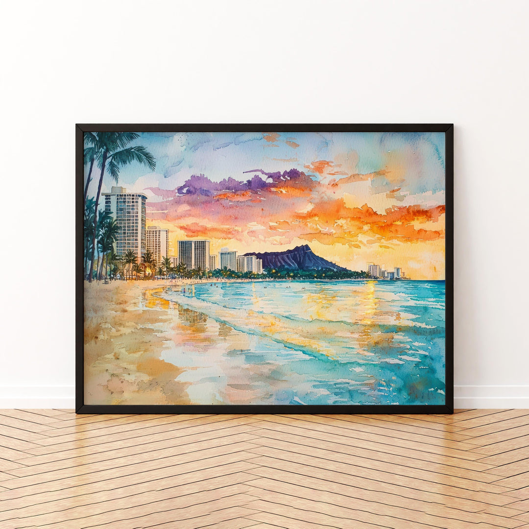 Waikiki Beach Watercolor Poster Landscape Wall Art Waikiki Beach Wall Hanging Home Décor Waikiki Beach Gift Art Lovers United States Art