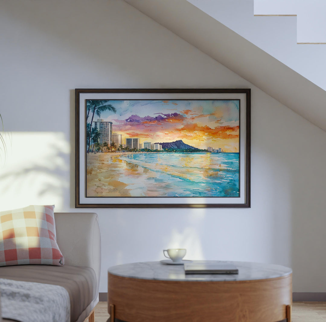 Waikiki Beach Watercolor Poster Landscape Wall Art Waikiki Beach Wall Hanging Home Décor Waikiki Beach Gift Art Lovers United States Art