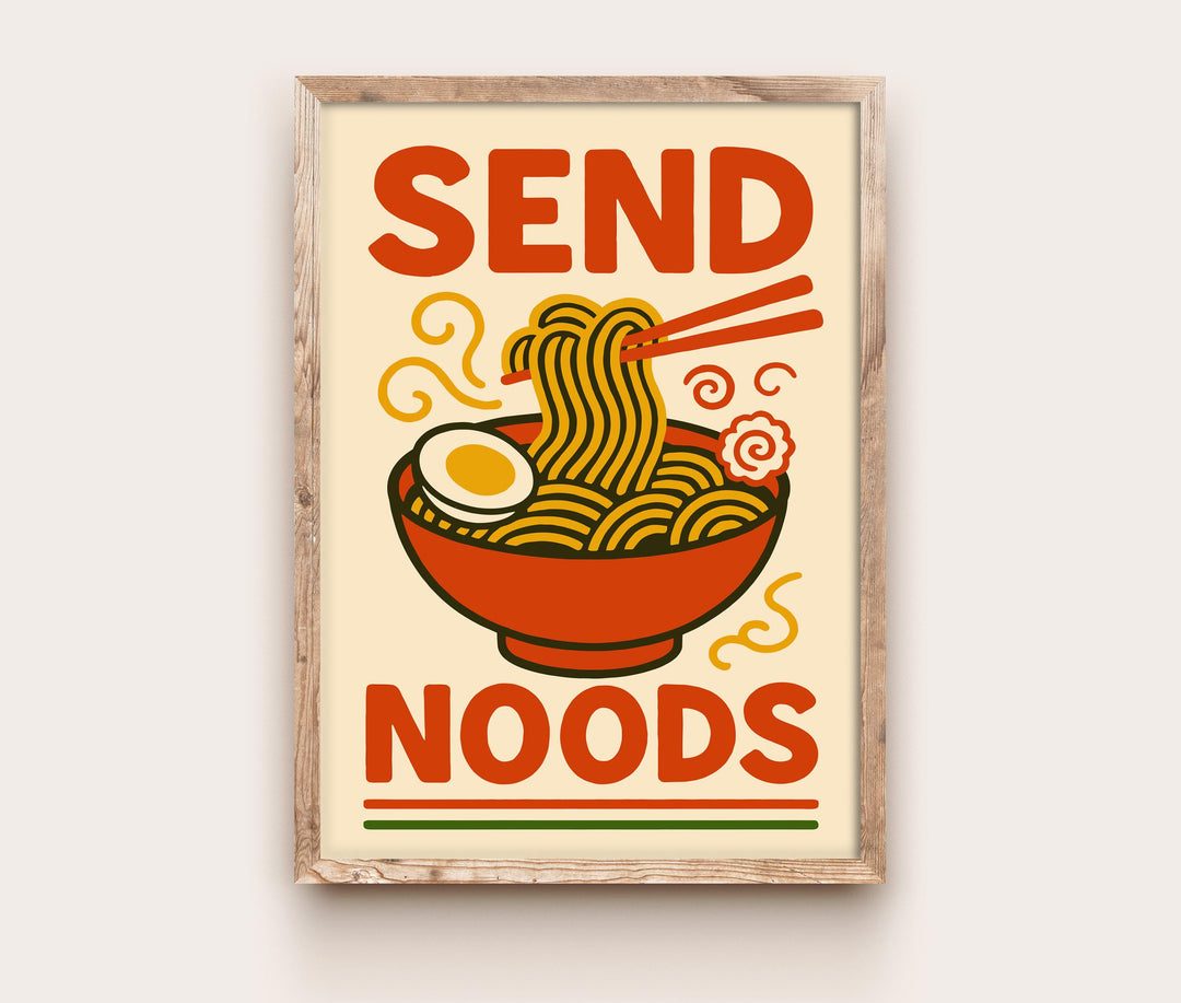 Send Noods Poster Funny Kitchen Wall Art Ramen Pun Print Quirky Food Artwork Asian Noodle Decor Gift for Food Lovers and Home Dining