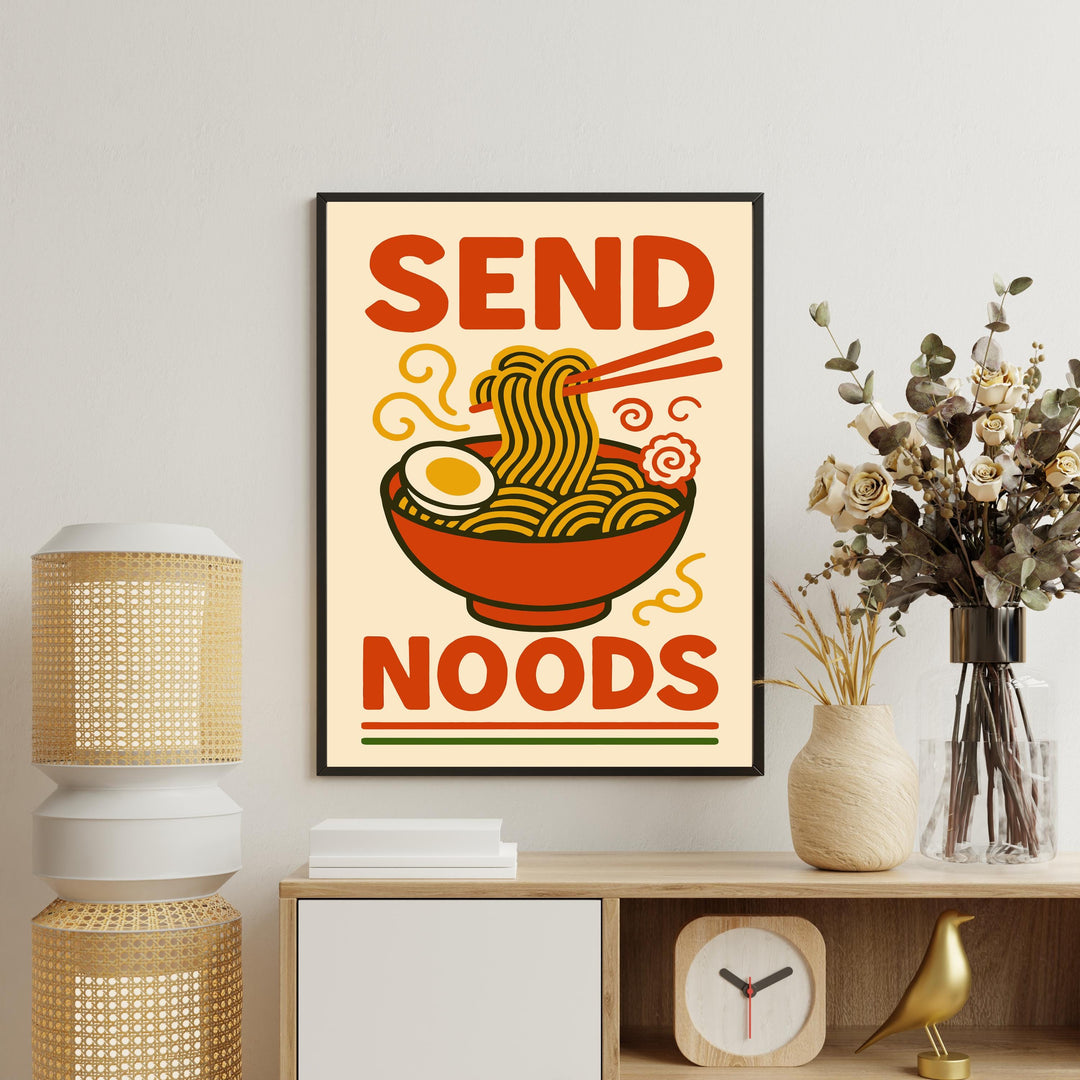 Send Noods Poster Funny Kitchen Wall Art Ramen Pun Print Quirky Food Artwork Asian Noodle Decor Gift for Food Lovers and Home Dining