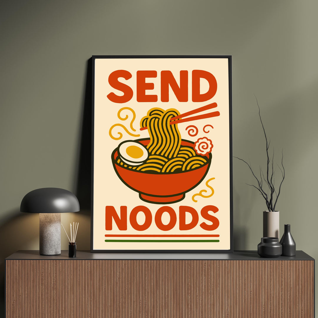 Send Noods Poster Funny Kitchen Wall Art Ramen Pun Print Quirky Food Artwork Asian Noodle Decor Gift for Food Lovers and Home Dining