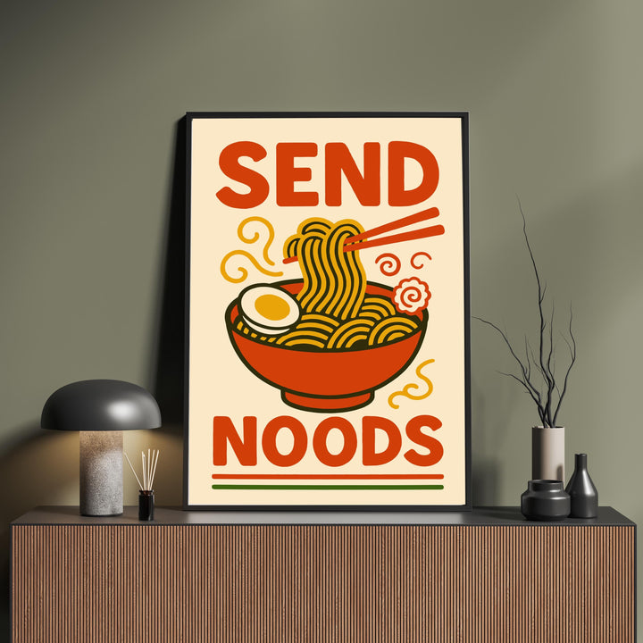 Send Noods Poster Funny Kitchen Wall Art Ramen Pun Print Quirky Food Artwork Asian Noodle Decor Gift for Food Lovers and Home Dining