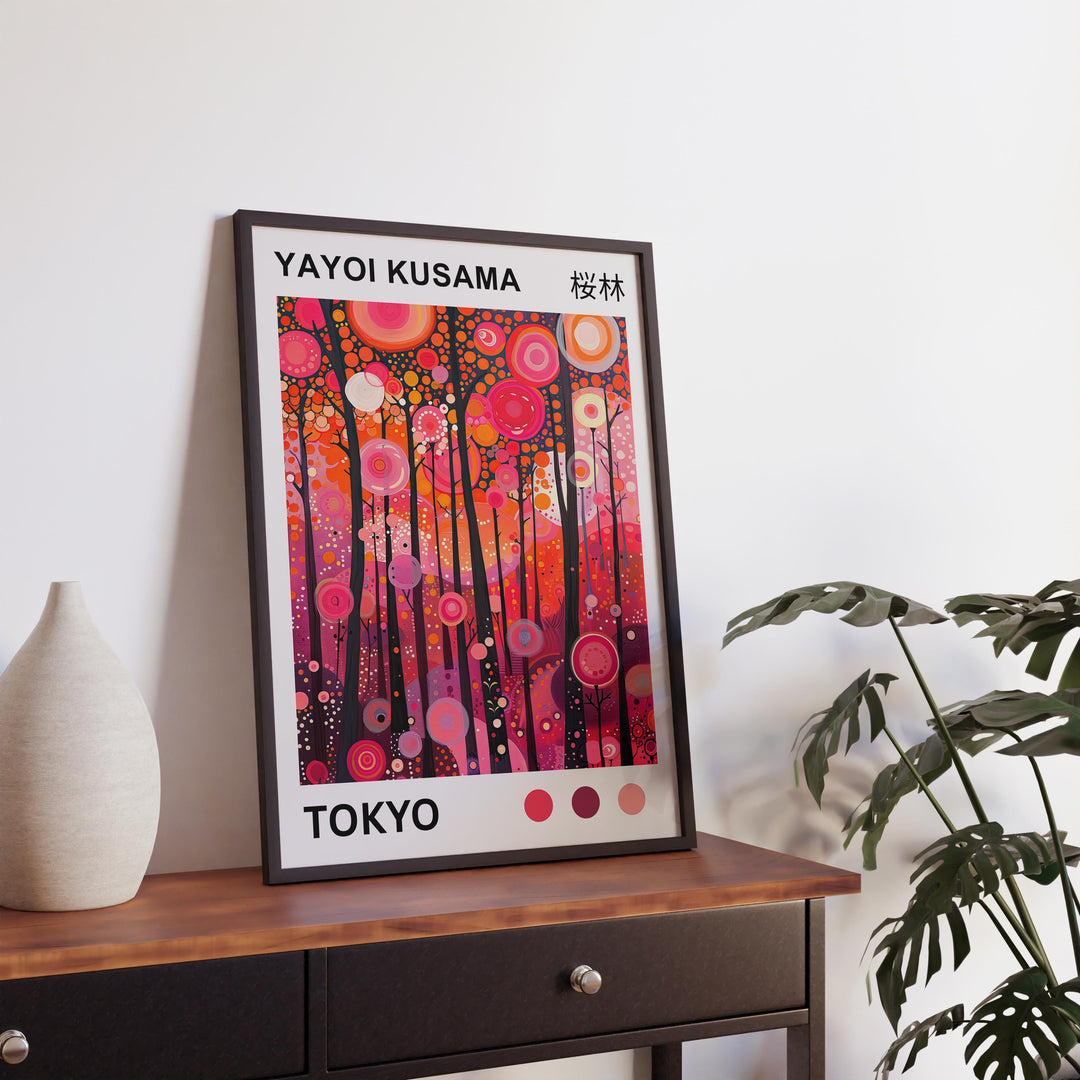 Yayoi Kusama Pink Forest Poster Modern Pop Art Print Japanese Abstract Landscape Polka Dot Nature Artwork for Contemporary Home Decor