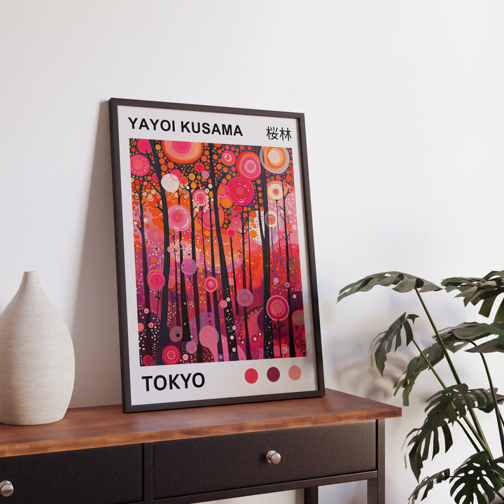 Yayoi Kusama Pink Forest Poster Modern Pop Art Print Japanese Abstract Landscape Polka Dot Nature Artwork for Contemporary Home Decor