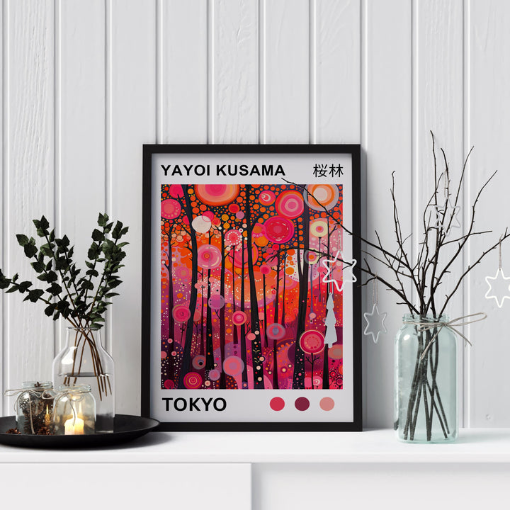 Yayoi Kusama Pink Forest Poster Modern Pop Art Print Japanese Abstract Landscape Polka Dot Nature Artwork for Contemporary Home Decor