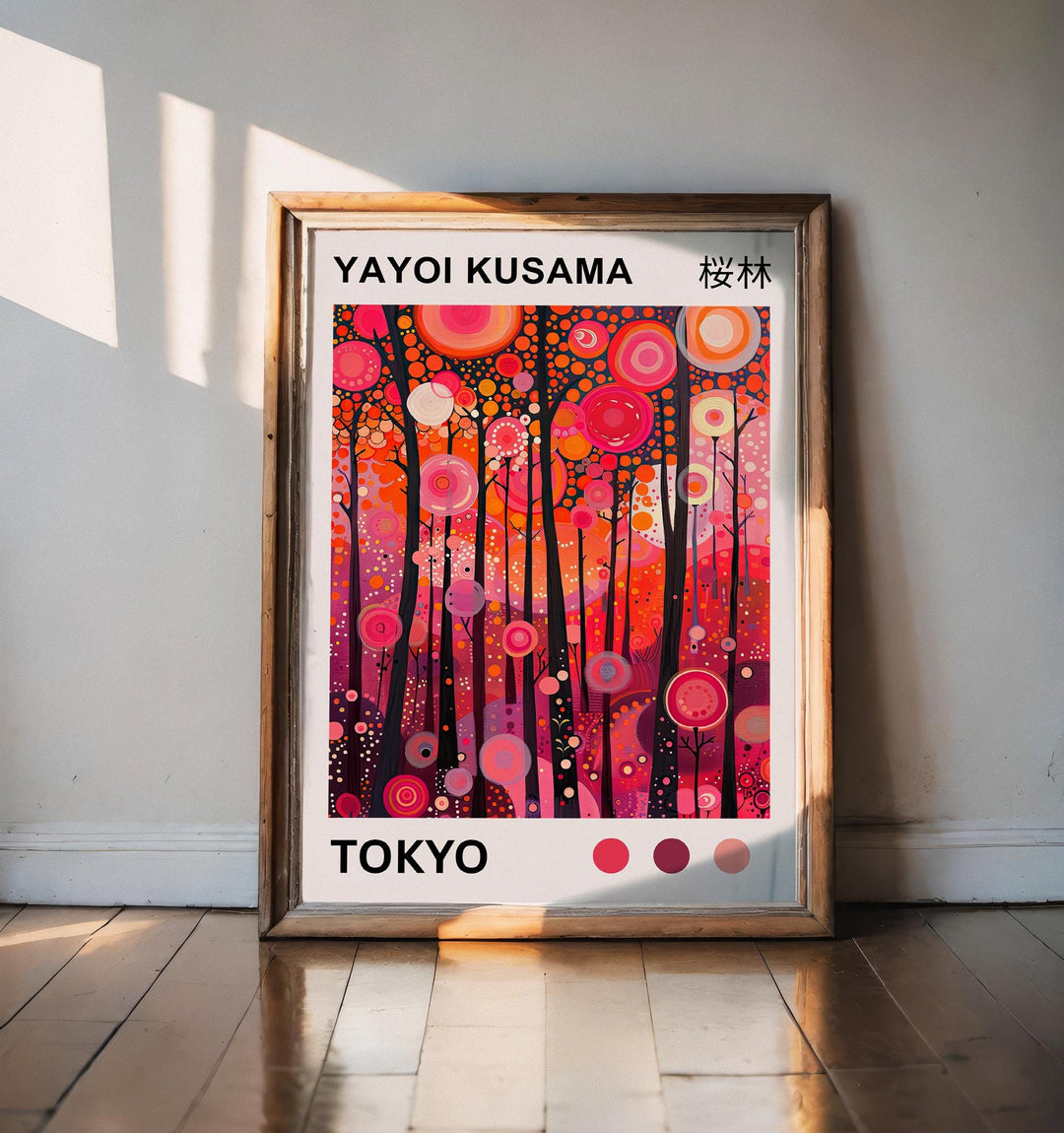 Yayoi Kusama Pink Forest Poster Modern Pop Art Print Japanese Abstract Landscape Polka Dot Nature Artwork for Contemporary Home Decor