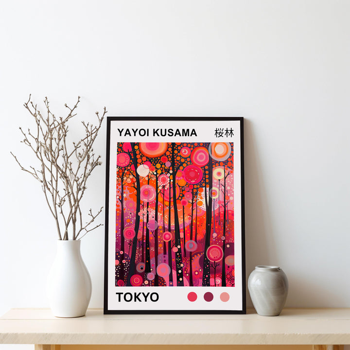 Yayoi Kusama Pink Forest Poster Modern Pop Art Print Japanese Abstract Landscape Polka Dot Nature Artwork for Contemporary Home Decor