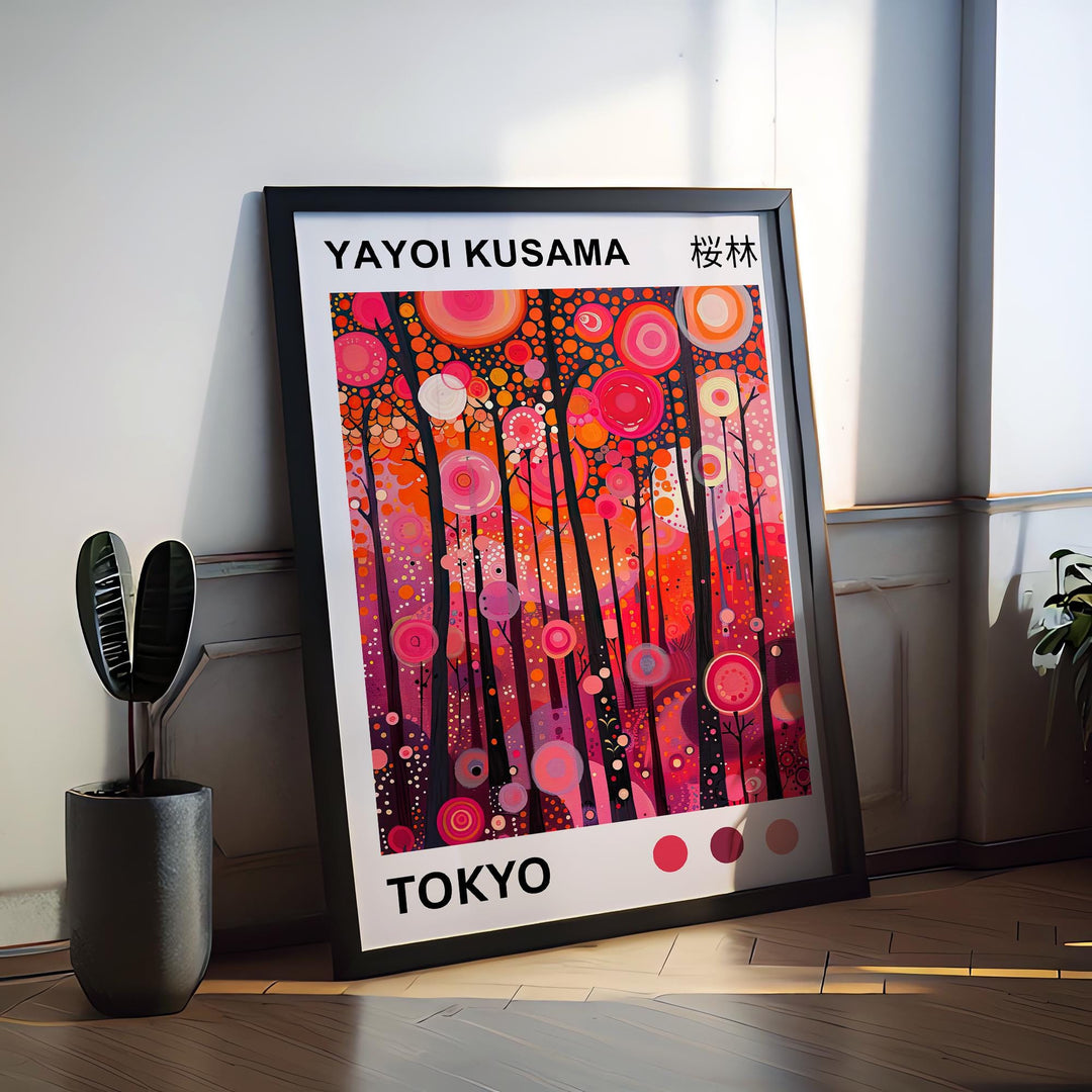 Yayoi Kusama Pink Forest Poster Modern Pop Art Print Japanese Abstract Landscape Polka Dot Nature Artwork for Contemporary Home Decor