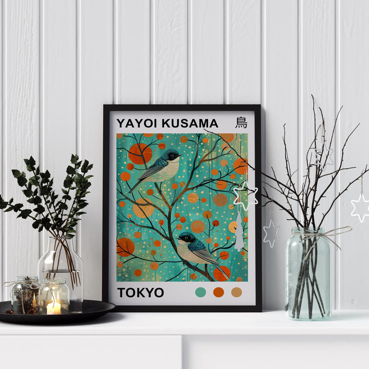 Yayoi Kusama Bluebird Poster Modern Pop Art Print Japanese Abstract Bird Design Polka Dot Nature Artwork for Contemporary Home Decor