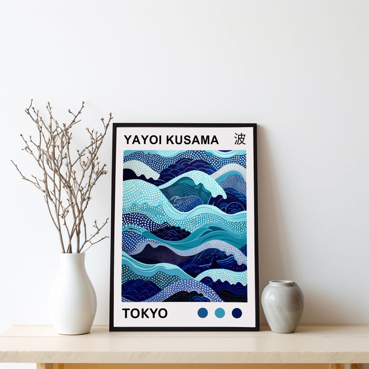 Yayoi Kusama Waves Poster Modern Pop Art Print Japanese Abstract Ocean Design Polka Dot Sea Artwork for Contemporary Coastal Home Decor