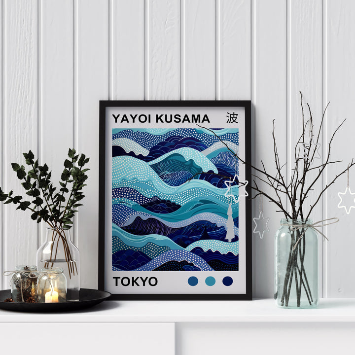Yayoi Kusama Waves Poster Modern Pop Art Print Japanese Abstract Ocean Design Polka Dot Sea Artwork for Contemporary Coastal Home Decor