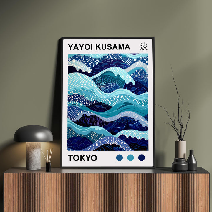 Yayoi Kusama Waves Poster Modern Pop Art Print Japanese Abstract Ocean Design Polka Dot Sea Artwork for Contemporary Coastal Home Decor