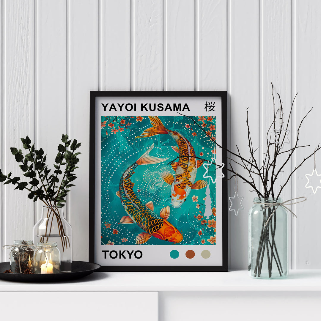 Yayoi Kusama Koi Fish Poster Modern Pop Art Print Japanese Abstract Water Design Polka Dot Pond Artwork for Contemporary Home Decor