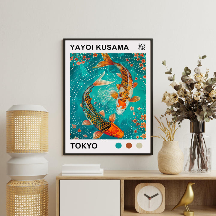 Yayoi Kusama Koi Fish Poster Modern Pop Art Print Japanese Abstract Water Design Polka Dot Pond Artwork for Contemporary Home Decor
