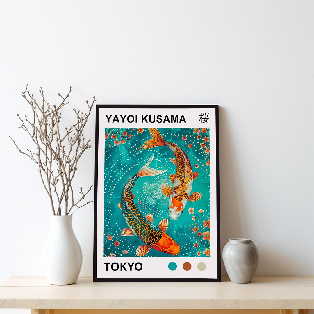 Yayoi Kusama Koi Fish Poster Modern Pop Art Print Japanese Abstract Water Design Polka Dot Pond Artwork for Contemporary Home Decor