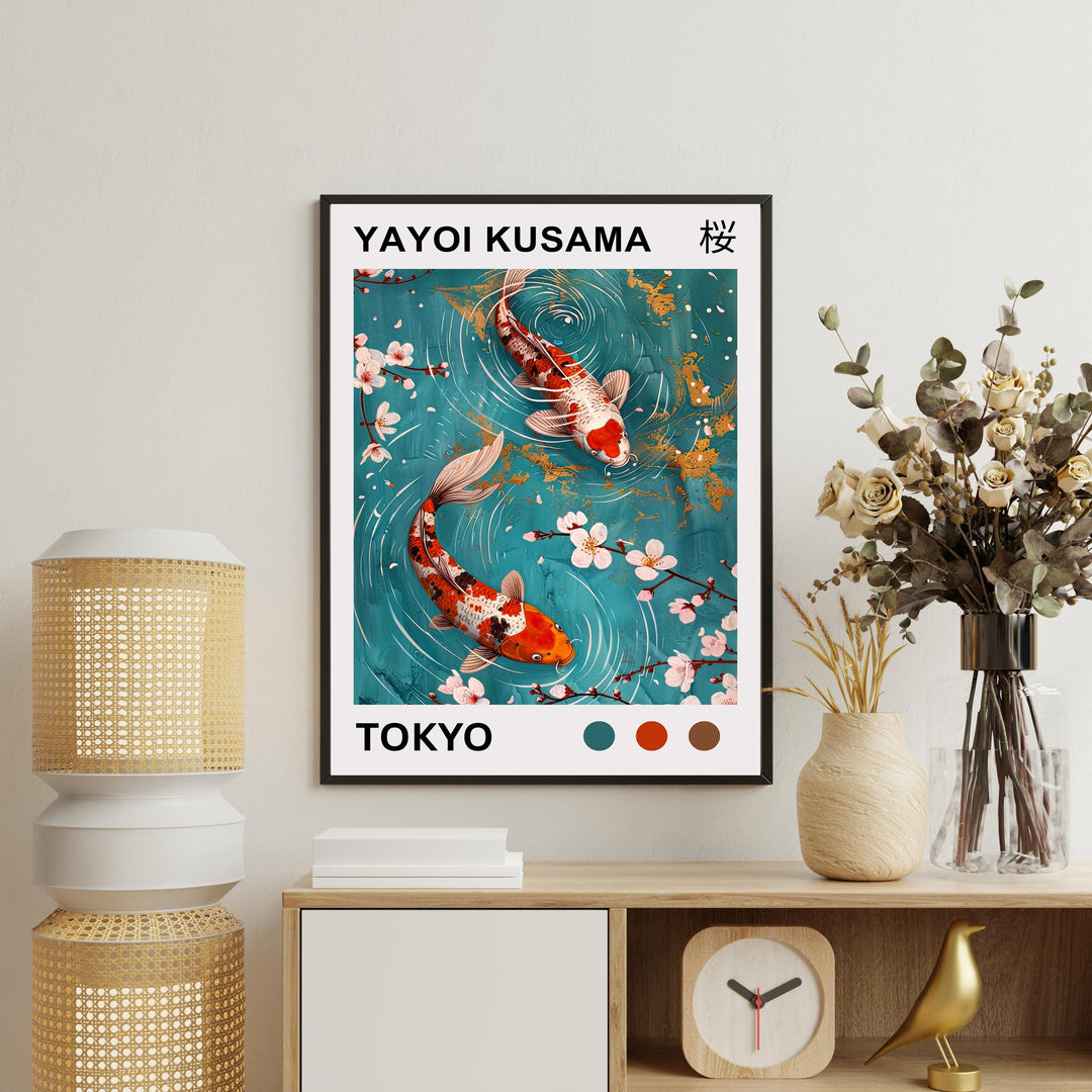 Yayoi Kusama Koi Fish Poster Modern Pop Art Print Japanese Abstract Water Design Polka Dot Pond Artwork for Contemporary Home Decor