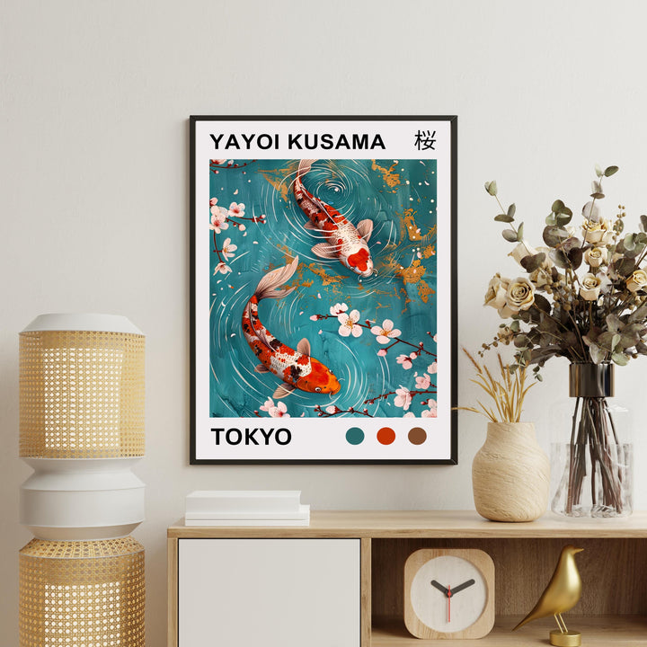 Yayoi Kusama Koi Fish Poster Modern Pop Art Print Japanese Abstract Water Design Polka Dot Pond Artwork for Contemporary Home Decor