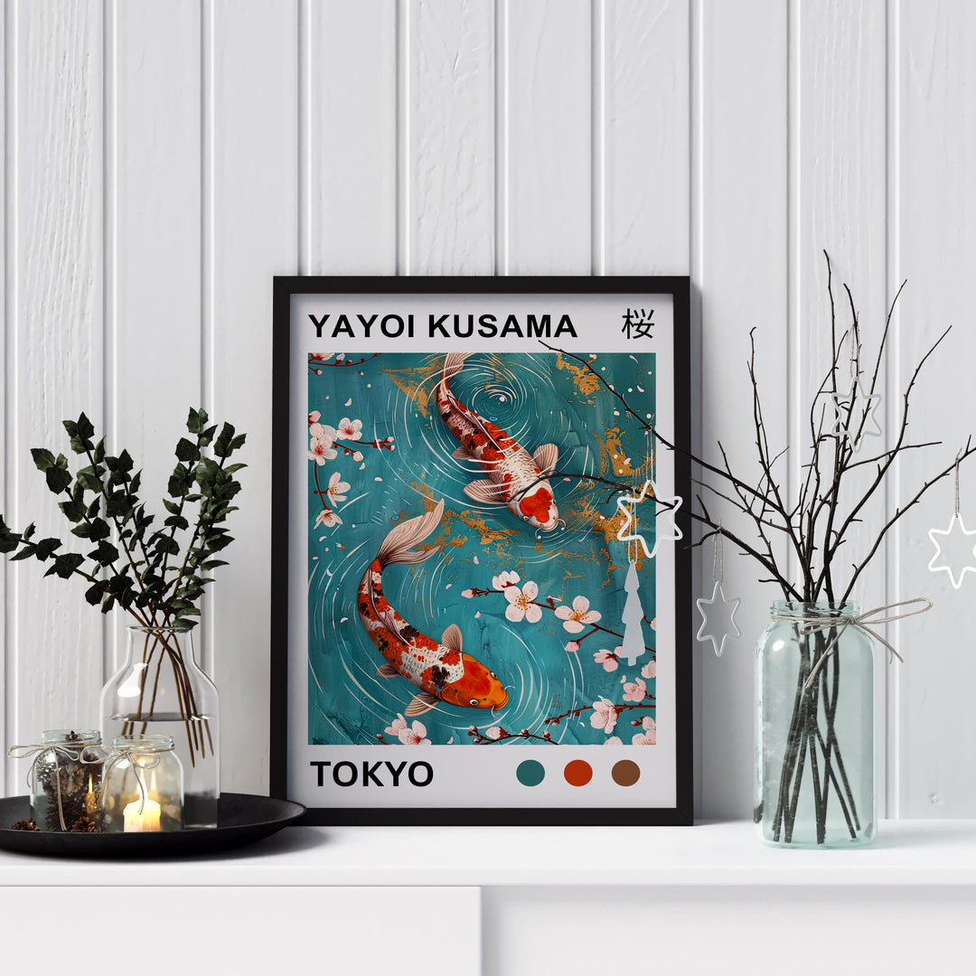 Yayoi Kusama Koi Fish Poster Modern Pop Art Print Japanese Abstract Water Design Polka Dot Pond Artwork for Contemporary Home Decor