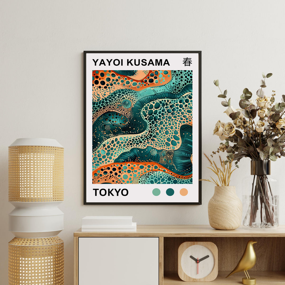 Yayoi Kusama Sea Waves Poster Modern Pop Art Print Japanese Abstract Ocean Design Polka Dot Marine Artwork for Contemporary Home Decor