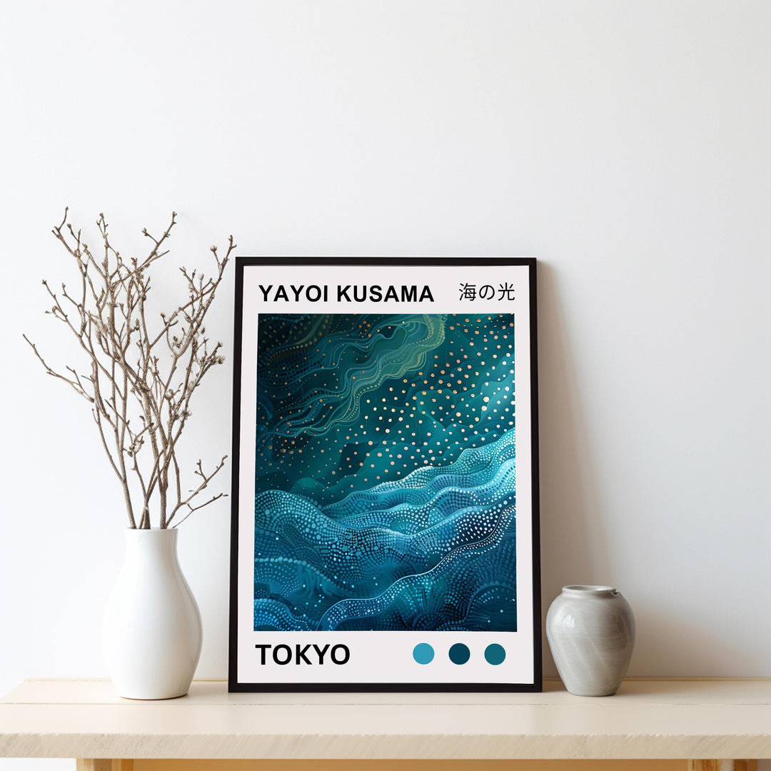 Yayoi Kusama Sea Waves Poster Modern Pop Art Print Japanese Abstract Ocean Design Polka Dot Marine Artwork for Contemporary Home Decor