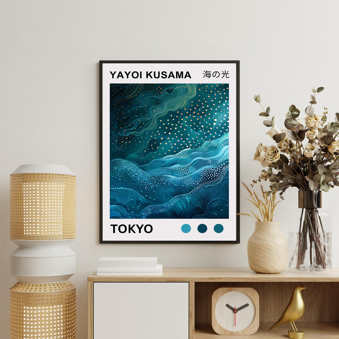 Yayoi Kusama Sea Waves Poster Modern Pop Art Print Japanese Abstract Ocean Design Polka Dot Marine Artwork for Contemporary Home Decor