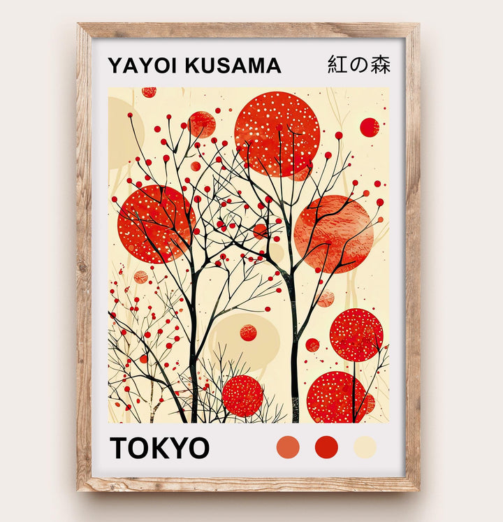 Yayoi Kusama Crimson Forest Poster Modern Pop Art Print Japanese Abstract Nature Design Polka Dot Woodland Artwork for Contemporary Decor
