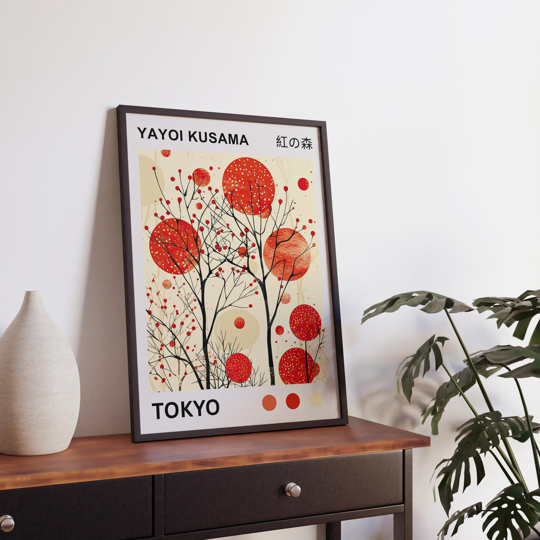 Yayoi Kusama Crimson Forest Poster Modern Pop Art Print Japanese Abstract Nature Design Polka Dot Woodland Artwork for Contemporary Decor