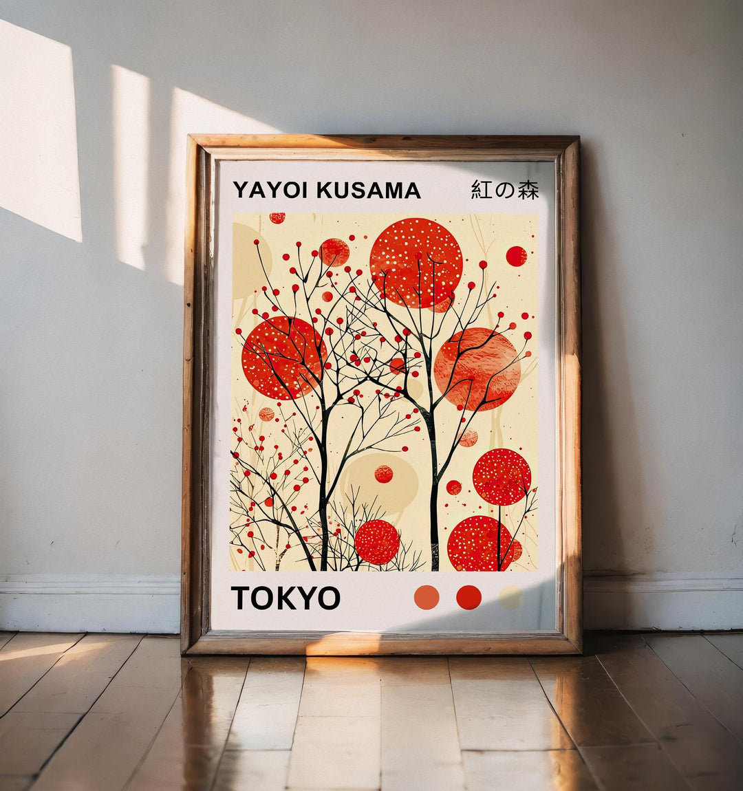 Yayoi Kusama Crimson Forest Poster Modern Pop Art Print Japanese Abstract Nature Design Polka Dot Woodland Artwork for Contemporary Decor