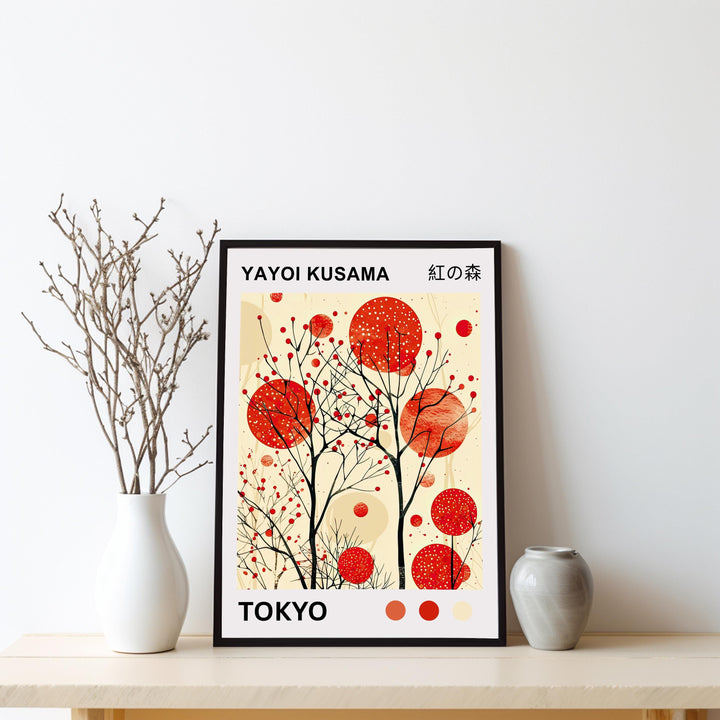 Yayoi Kusama Crimson Forest Poster Modern Pop Art Print Japanese Abstract Nature Design Polka Dot Woodland Artwork for Contemporary Decor