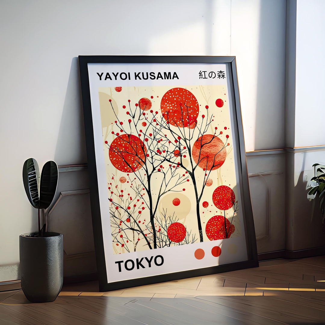 Yayoi Kusama Crimson Forest Poster Modern Pop Art Print Japanese Abstract Nature Design Polka Dot Woodland Artwork for Contemporary Decor