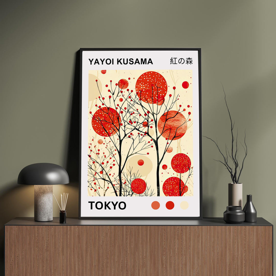 Yayoi Kusama Crimson Forest Poster Modern Pop Art Print Japanese Abstract Nature Design Polka Dot Woodland Artwork for Contemporary Decor