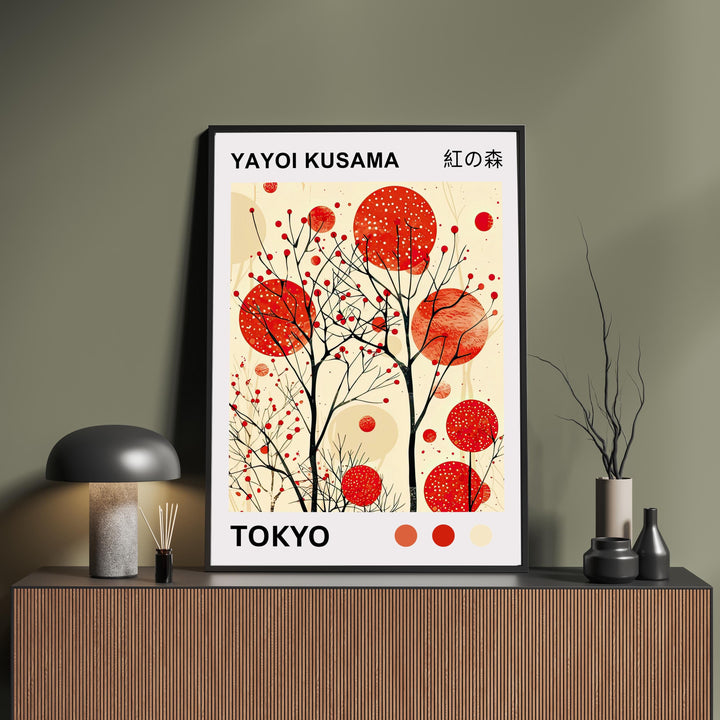 Yayoi Kusama Crimson Forest Poster Modern Pop Art Print Japanese Abstract Nature Design Polka Dot Woodland Artwork for Contemporary Decor
