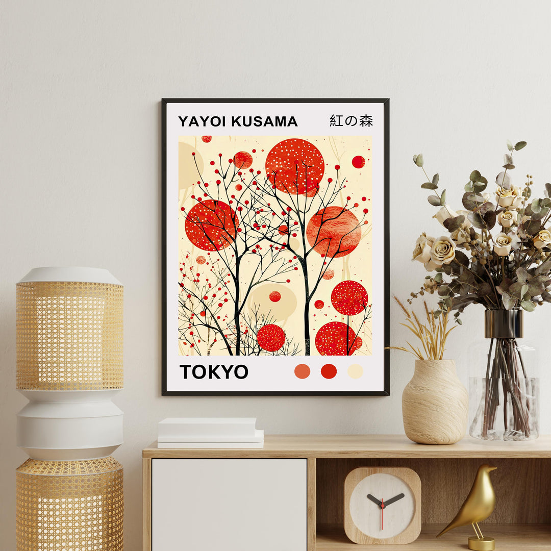 Yayoi Kusama Crimson Forest Poster Modern Pop Art Print Japanese Abstract Nature Design Polka Dot Woodland Artwork for Contemporary Decor