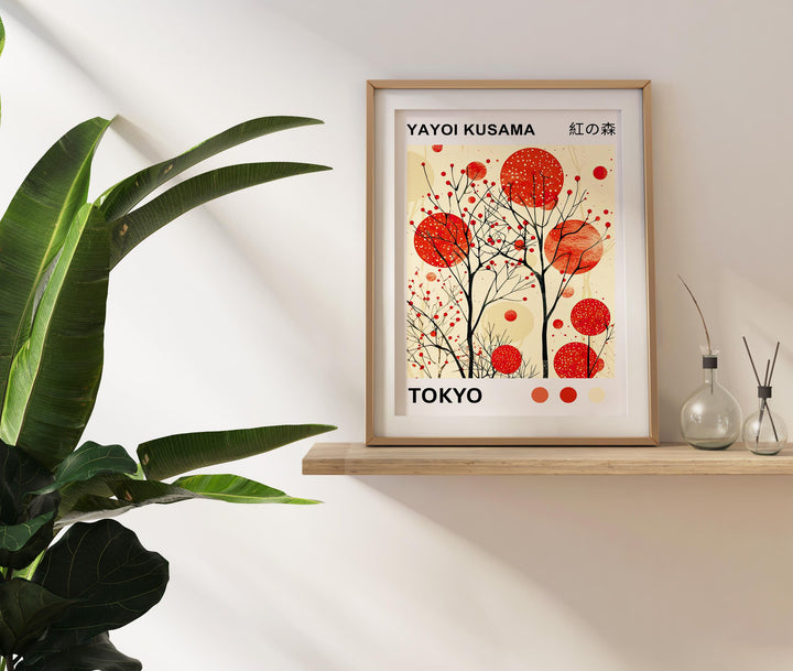 Yayoi Kusama Crimson Forest Poster Modern Pop Art Print Japanese Abstract Nature Design Polka Dot Woodland Artwork for Contemporary Decor