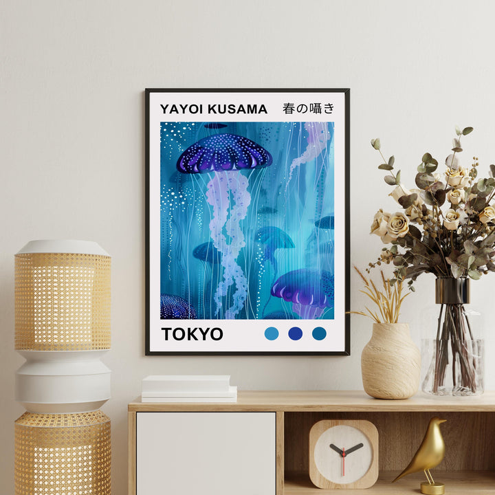 Yayoi Kusama Jellyfish Poster Modern Pop Art Print Japanese Abstract Ocean Design Polka Dot Marine Artwork for Contemporary Home Decor
