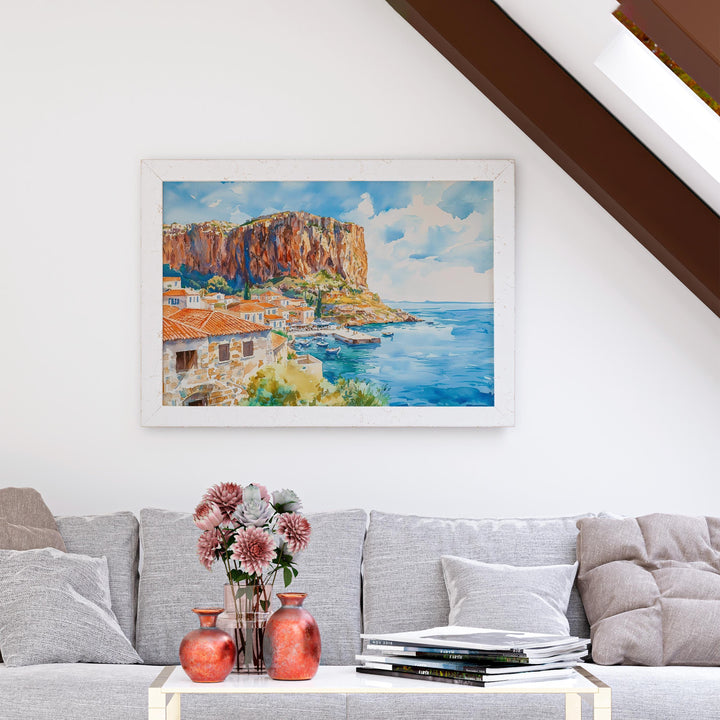 Monemvasia watercolor poster Wall Art Monemvasia Wall Hanging Home Décor Monemvasia Gift Art Lovers Greece Wall Art