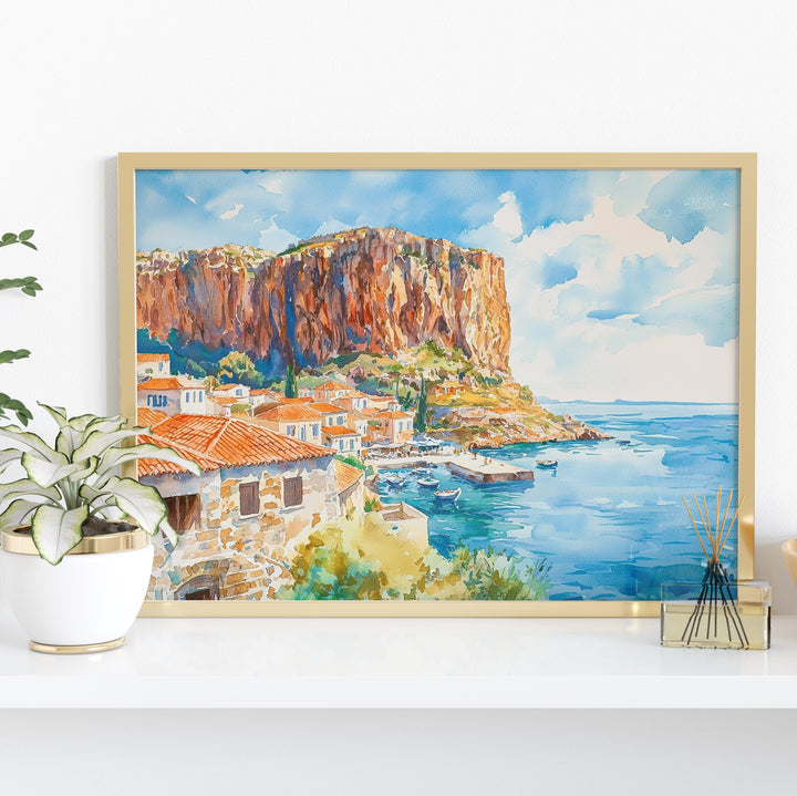 Monemvasia watercolor poster Wall Art Monemvasia Wall Hanging Home Décor Monemvasia Gift Art Lovers Greece Wall Art