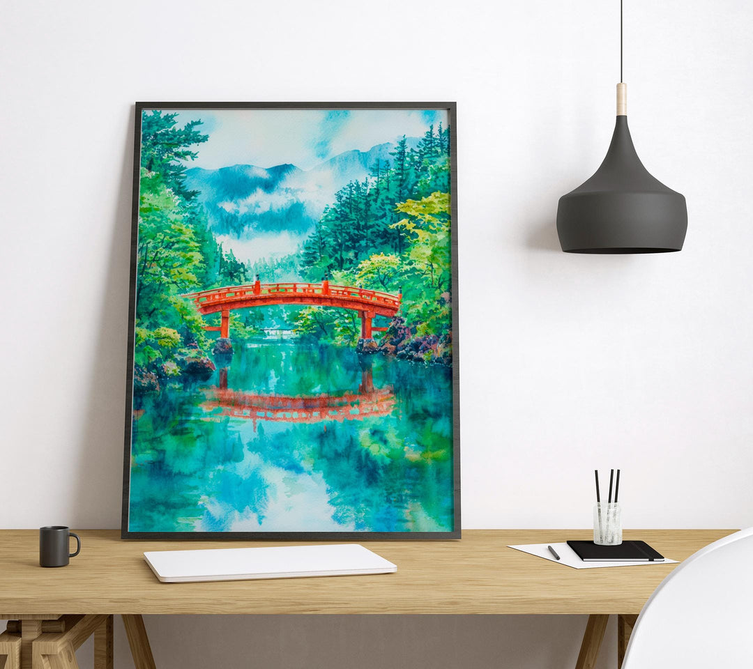 Nikko Japan Watercolor Poster Nikko Travel Print Japanese Landscape Painting Asia Wall Art Mountain Temple Decor Nature Souvenir