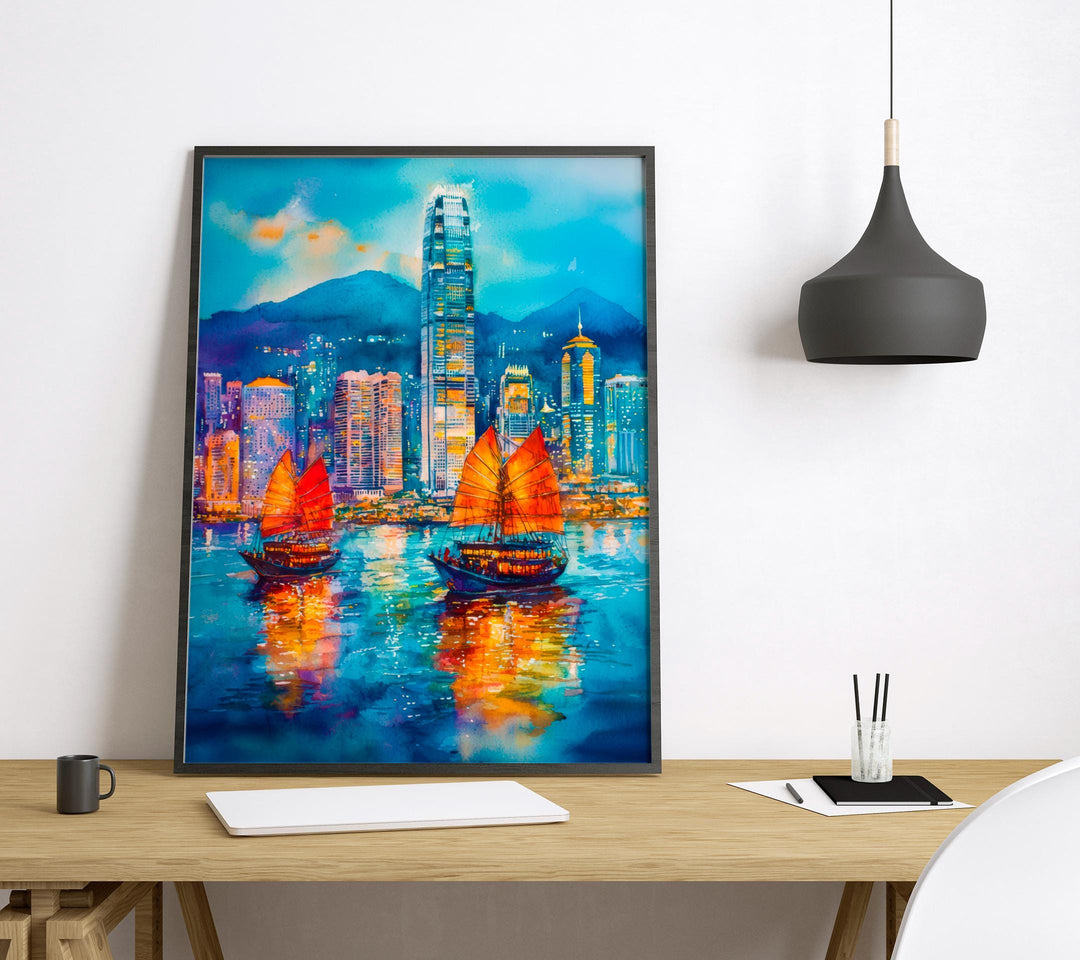 Hong Kong Watercolor Poster Hong Kong Travel Print City Skyline Painting Asia Wall Art Urban Decor Modern Landscape Souvenir