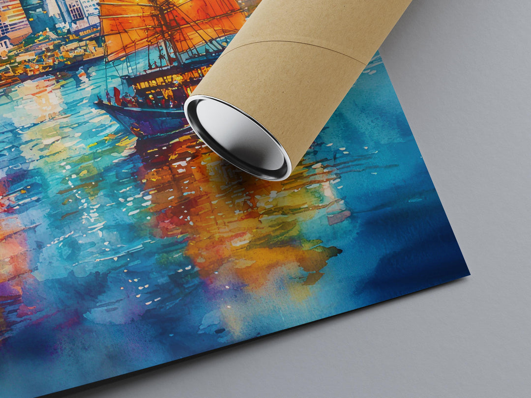 Hong Kong Watercolor Poster Hong Kong Travel Print City Skyline Painting Asia Wall Art Urban Decor Modern Landscape Souvenir