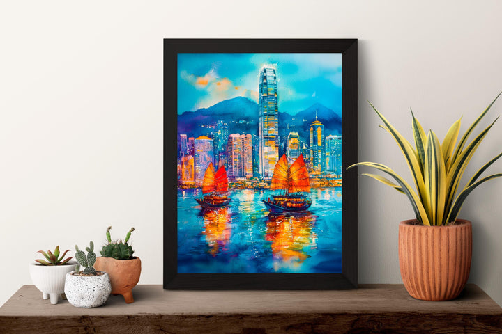 Hong Kong Watercolor Poster Hong Kong Travel Print City Skyline Painting Asia Wall Art Urban Decor Modern Landscape Souvenir