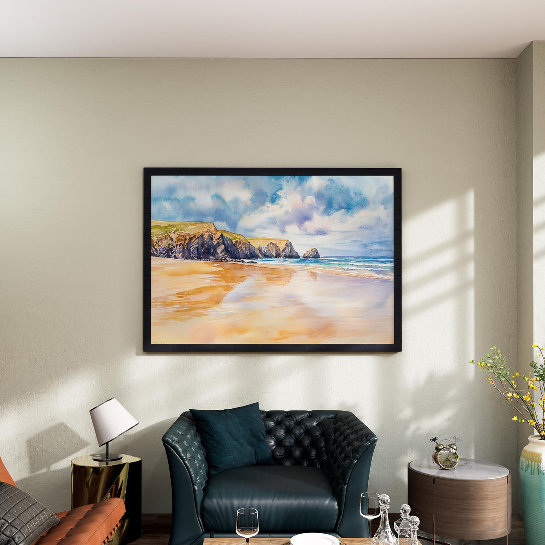 Perranporth Cornwall Watercolor Poster Perranporth Travel Print Coastal Beach Painting Seaside Wall Art UK Decor Souvenir