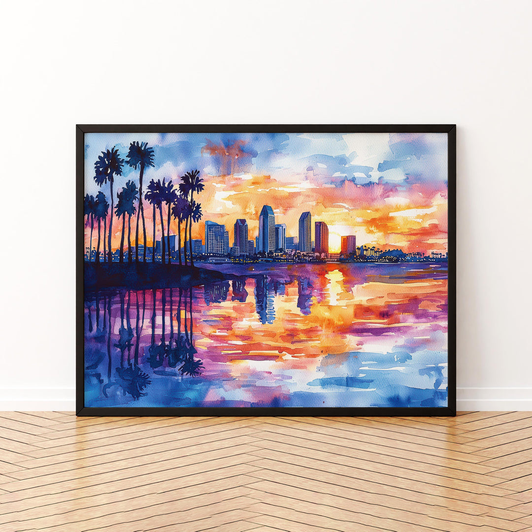 San Diego California Watercolor Poster San Diego Travel Print Coastal City Painting Beach Wall Art USA Ocean Decor Souvenir
