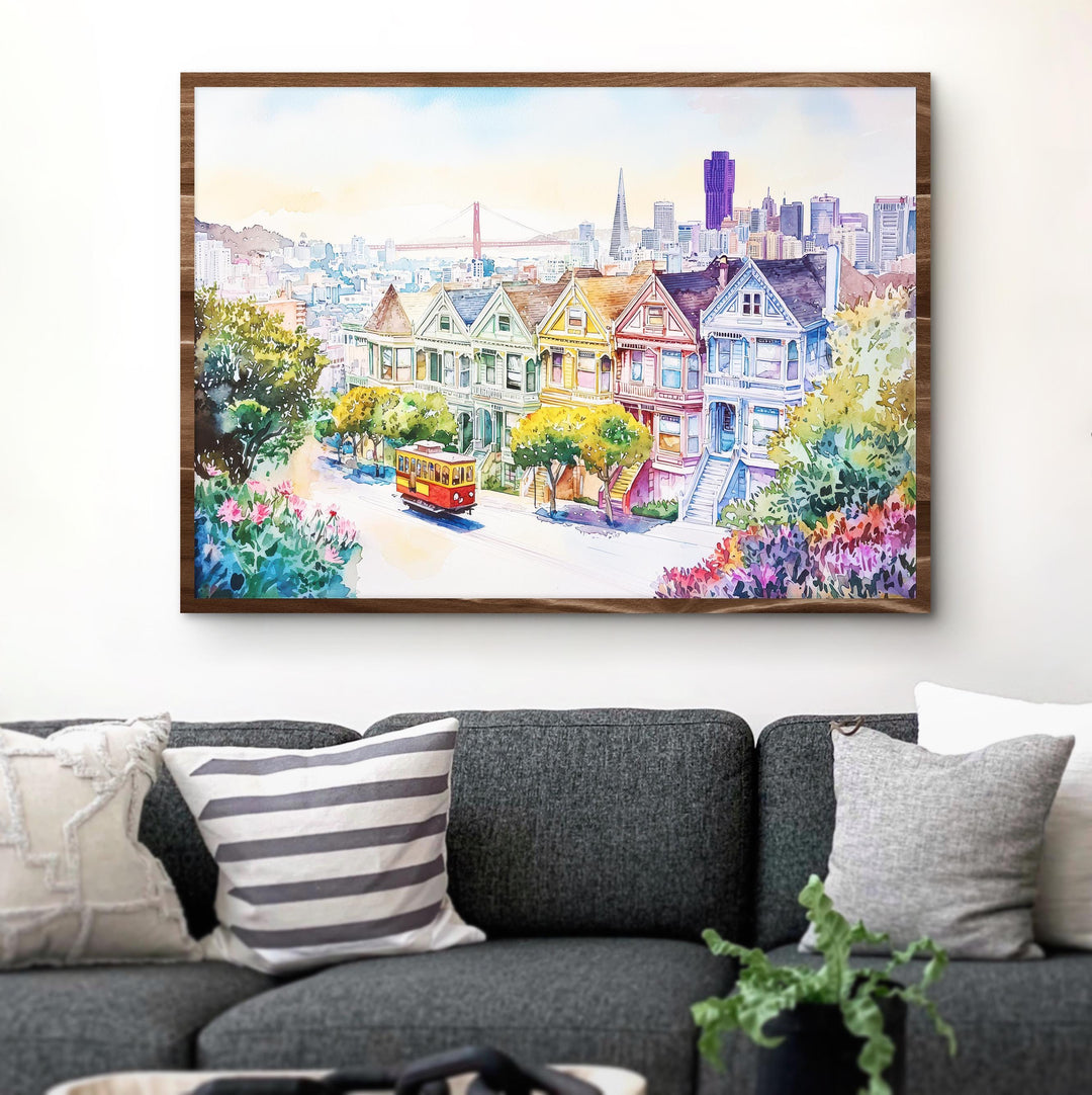 San Francisco California Watercolor Poster San Francisco Travel Print City Skyline Painting Golden Gate Wall Art USA Souvenir