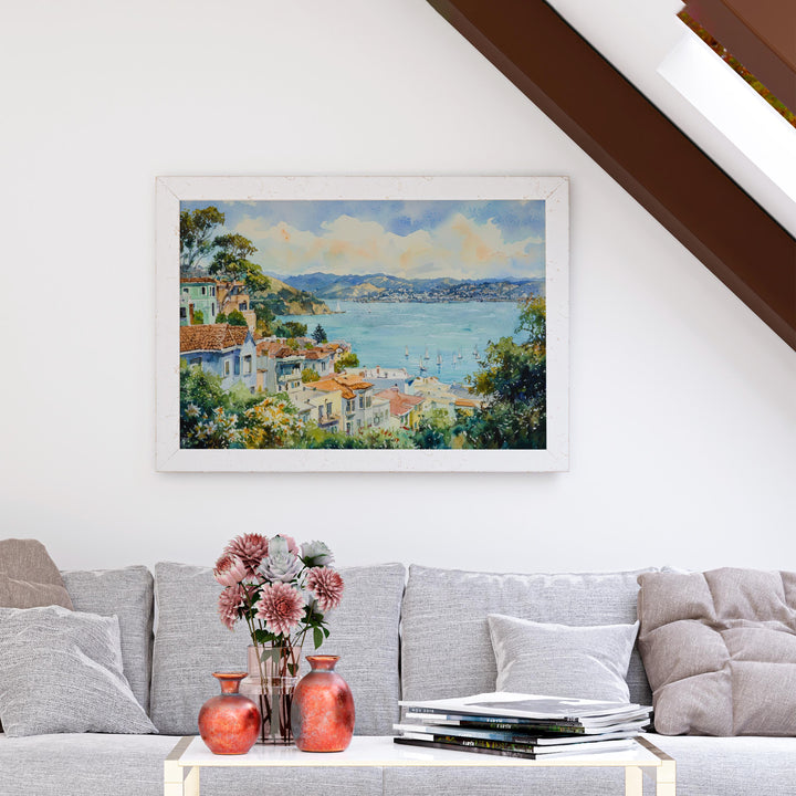 Sausalito California Watercolor Poster Sausalito Travel Print Coastal Town Painting Bay Area Wall Art USA Souvenir