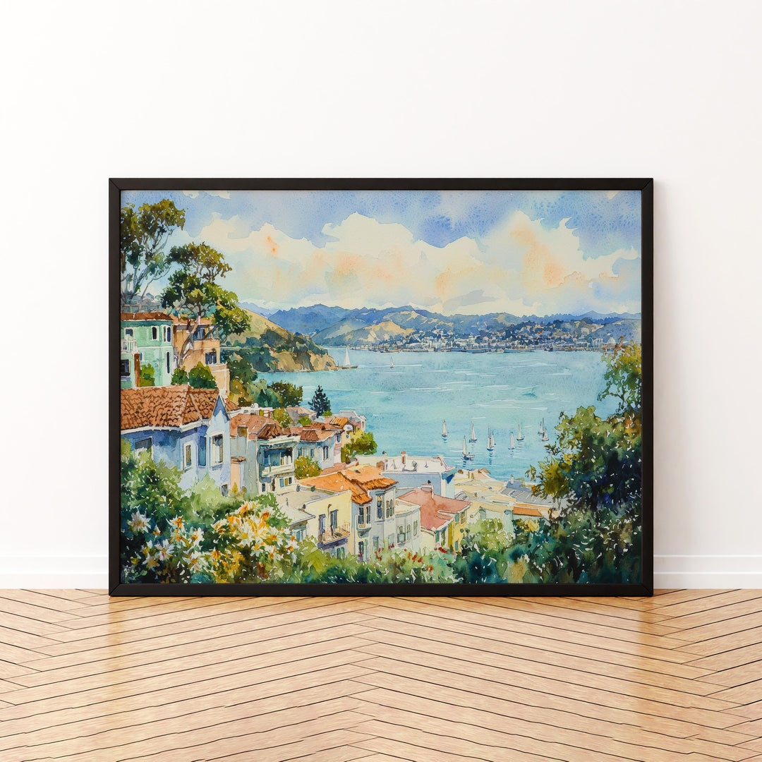 Sausalito California Watercolor Poster Sausalito Travel Print Coastal Town Painting Bay Area Wall Art USA Souvenir