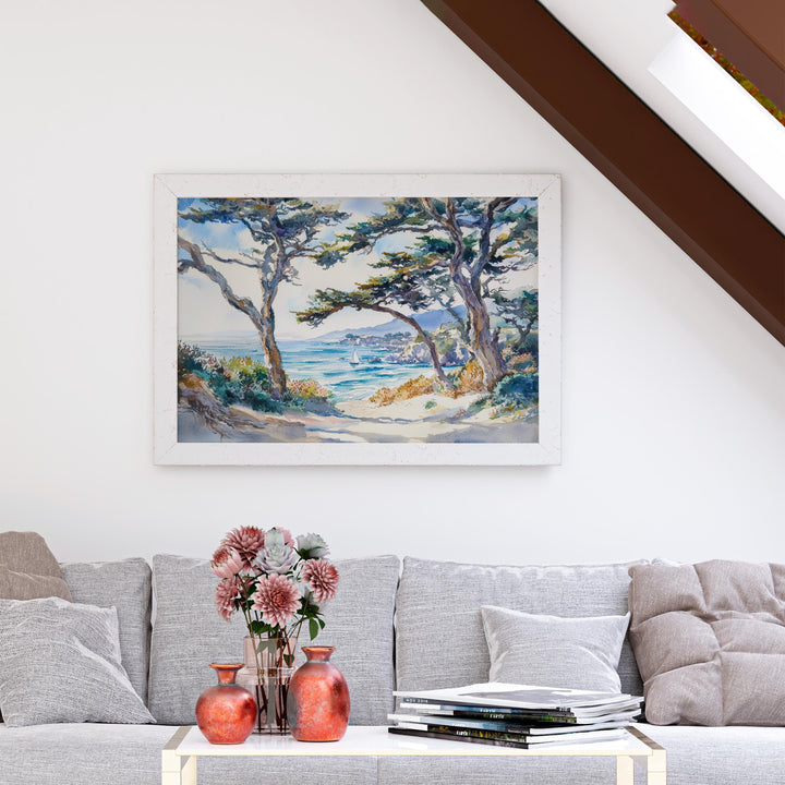 Monterey Bay California Watercolor Poster Monterey Travel Print Coastal City Painting Ocean Wall Art USA Decor Souvenir